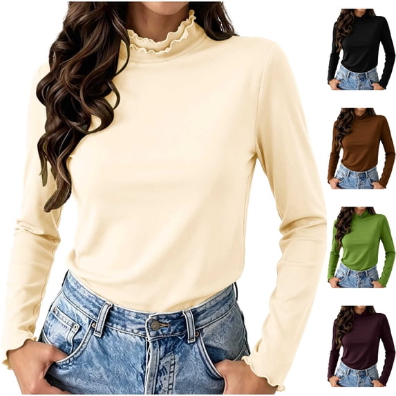 Womens Fleece Lined Underscrub Mock Neck Scrub Undershirt Slim Fit Scalloped Long Sleeve Thermal Tee Warm Base Layer Tops for Nurses Fall Winter, Beige, M