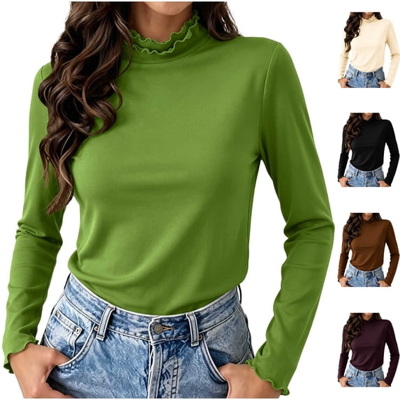 Womens Fleece Lined Underscrub Mock Neck Scrub Undershirt Slim Fit Scalloped Long Sleeve Thermal Tee Warm Base Layer Tops for Nurses Fall Winter, Green, L