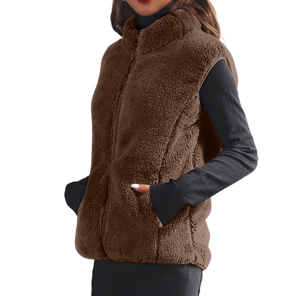 Womens Fleece Lined Vest, Solid Color Plush Sleeveless Jacket, Warm and Soft Layering Piece for Indoors, Cool Offices and Light Outdoor UseCoffeeL