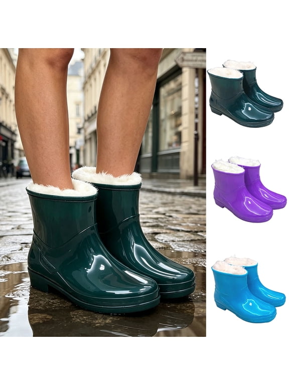 Womens Fleece Lined Waterproof Ankle Rain Boots, Rubber Short Wellies, Non-Slip Low Heel Insulated Footwear Purple 8.5(41)