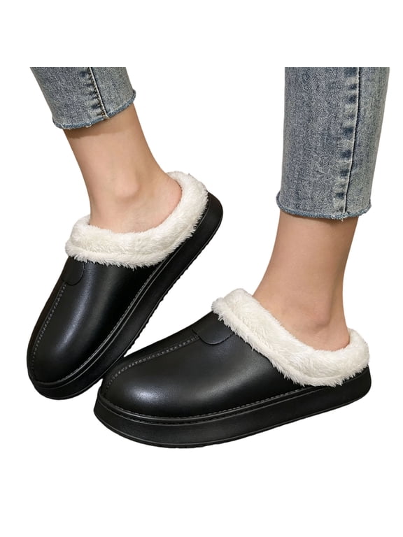 Womens Fleece Lined Waterproof Clog Slippers Winter Warm Furry Lined Slip on Mules Non Slip Casual Indoor House Shoes