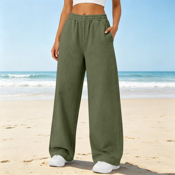 Womens Fleece Lined Wide Leg Sweatpants Elastic High Waist Loose Casual Long Pants With Side Pockets M