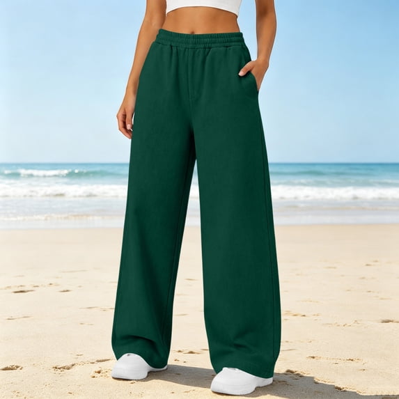 Womens Fleece Lined Wide Leg Sweatpants Elastic High Waist Loose Casual Long Pants With Side Pockets S