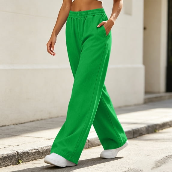 Womens Fleece Lined Wide Leg Sweatpants Elastic High Waist Loose Casual Long Pants With Side Pockets S