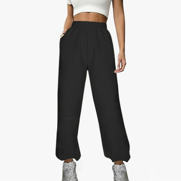 Womens' Fleece Lined Wide Leg Sweatpants High Waist Elastic Baggy Pants Ribbed Thick Warm Straight Trousers with Pockets Fall Winter Casaul Joggers Activewear