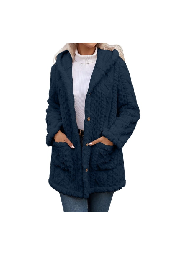 Womens Fleece Long Jacket Hooded Long Sleeve Button Down Sherpa Coat Fall Winter Warm Jacket Outerwear with Pockets