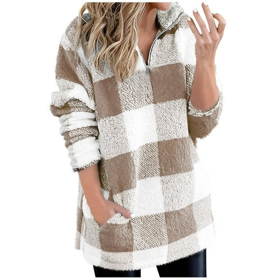 Womens Fleece Long Length Fall Clothes, Long Sleeve Pullover for Women Fashion Warm Plaid Printed Half Zip Lapel V Neck Pajama Sweaters