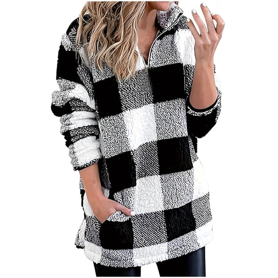 Womens Fleece Long Length Fall Clothes, Long Sleeve Pullover for Women Fashion Warm Plaid Printed Half Zip Lapel V Neck Pajama Sweaters