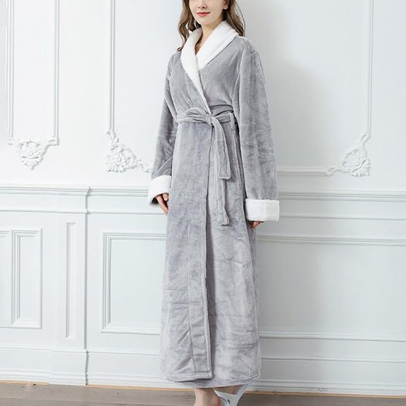 Womens Fleece Long Robe, Flannel Warm Bathrobe Full Length Winter Housecoat Soft Cozy Nightgown Sleepwear New Women Robe Lightweight Cute Gray L