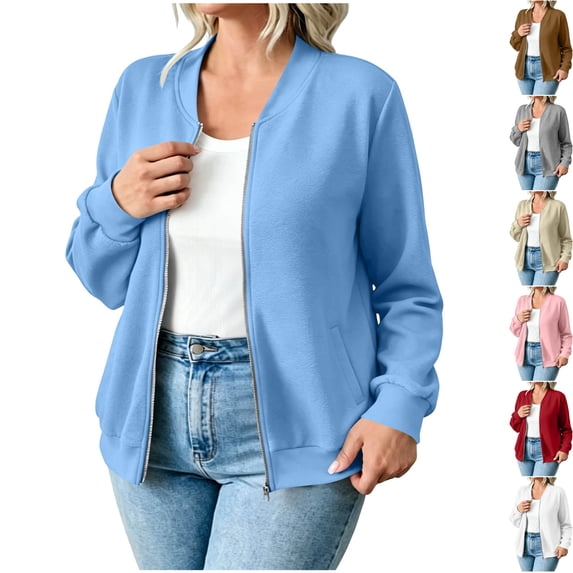 Womens Fleece Long Sleeve Casual Bomber Jacket Full Zip Varsity Stand Collar Slouchy Sweatshirt with Pockets Warm Cozy Coats for Fall Daily Wear, Light Blue, L