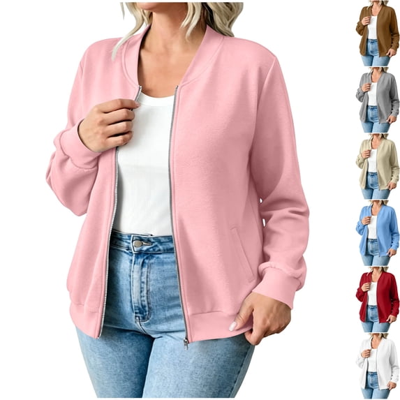 Womens Fleece Long Sleeve Casual Bomber Jacket Full Zip Varsity Stand Collar Slouchy Sweatshirt with Pockets Warm Cozy Coats for Fall Daily Wear, Pink, XXL