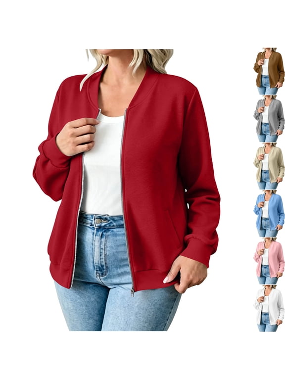 Womens Fleece Long Sleeve Casual Bomber Jacket Full Zip Varsity Stand Collar Slouchy Sweatshirt with Pockets Warm Cozy Coats for Fall Daily Wear, Red, XXL