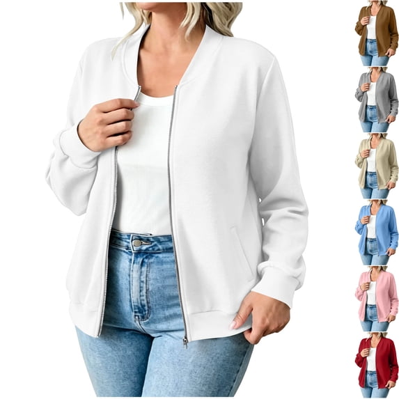 Womens Fleece Long Sleeve Casual Bomber Jacket Full Zip Varsity Stand Collar Slouchy Sweatshirt with Pockets Warm Cozy Coats for Fall Daily Wear, White, M