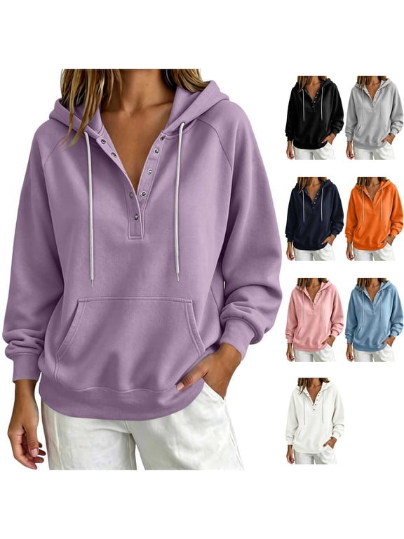 Womens Fleece Long Sleeve Hoodie Henley Sweatshirt Snap Half Button Slouchy V Neck Pullover Drawstring Kangaroo Pocket Cozy Fall Travel Tops, Purple, XL