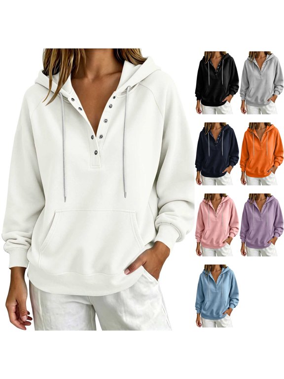 Womens Fleece Long Sleeve Hoodie Henley Sweatshirt Snap Half Button Slouchy V Neck Pullover Drawstring Kangaroo Pocket Cozy Fall Travel Tops, White, L