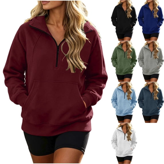 Womens Fleece Long Sleeve Quarter Zip Sweatshirt Oversized Stand Collar Loose Fit Pullover with Kangaroo Pocket Warm Cozy Lounge Daily Wear, Wine, L