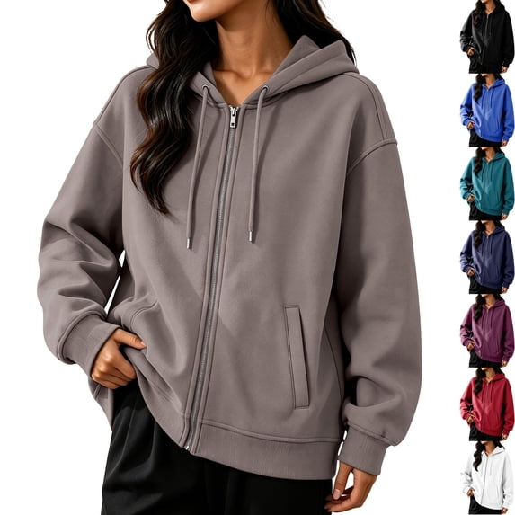 Womens Fleece Long Sleeve Zip Up Hoodie Sweatshirt Casual Oversized Track Jacket with Pockets Drawstring Cozy Slouchy Loungewear Travel Fall, Khaki, XL