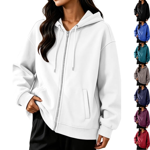 Womens Fleece Long Sleeve Zip Up Hoodie Sweatshirt Casual Oversized Track Jacket with Pockets Drawstring Cozy Slouchy Loungewear Travel Fall, White, M