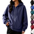 thumbnail image 1 of Womens Fleece Long Sleeve Zip Up Hoodie Sweatshirt Casual Oversized Track Jacket with Pockets Drawstring Cozy Slouchy Loungewear Travel Fall, Navy, M, 1 of 8