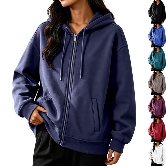 Womens Fleece Long Sleeve Zip Up Hoodie Sweatshirt Casual Oversized Track Jacket with Pockets Drawstring Cozy Slouchy Loungewear Travel Fall, Navy, M