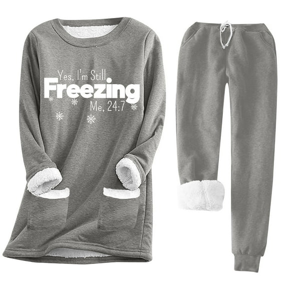 Womens Fleece Loungewear Sets,Yes I'm Still Freezing Me 24 7 Letter Print Fleece Tracksuit Warm Fleece Sweatsuit Sweatshirts and Sweatpants Lounge Set Outfits