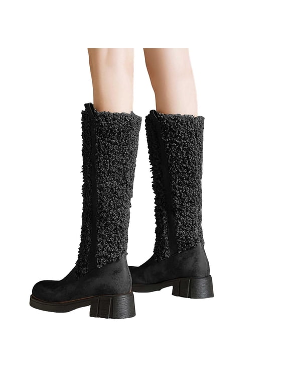 Womens Fleece Mid Calf Winter Combat Boots Fashion Plush Leather Patchwork Chunky Heel Knee High Riding Tall Boots