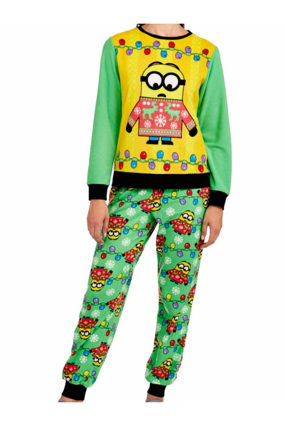Womens Fleece Minion Ugly Sweater Pajamas Holiday Sleep Set
