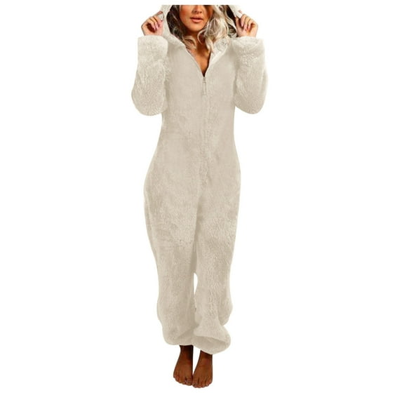 Womens Fleece Onesies Cute Pajamas Zipper Hooded Jumpsuit Warm Soft Romper Sleepwear One Piece Playsuit Loungewear