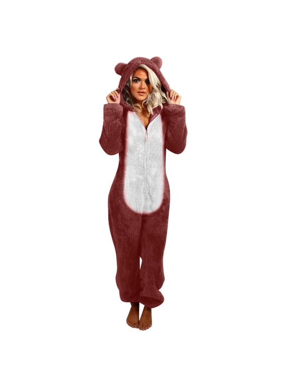 Womens Fleece Onesies Pajamas Cute Cat Ear Jumpsuit Warm Sherpa Romper Sleepwear One Piece Zipper Hooded Loungewear