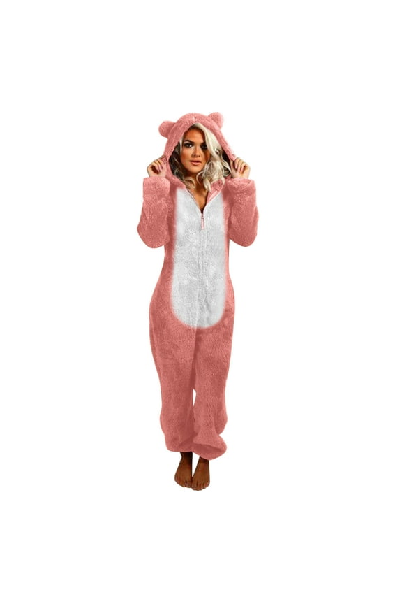 Womens Fleece Onesies Pajamas Cute Cat Ear Jumpsuit Warm Sherpa Romper Sleepwear One Piece Zipper Hooded Loungewear