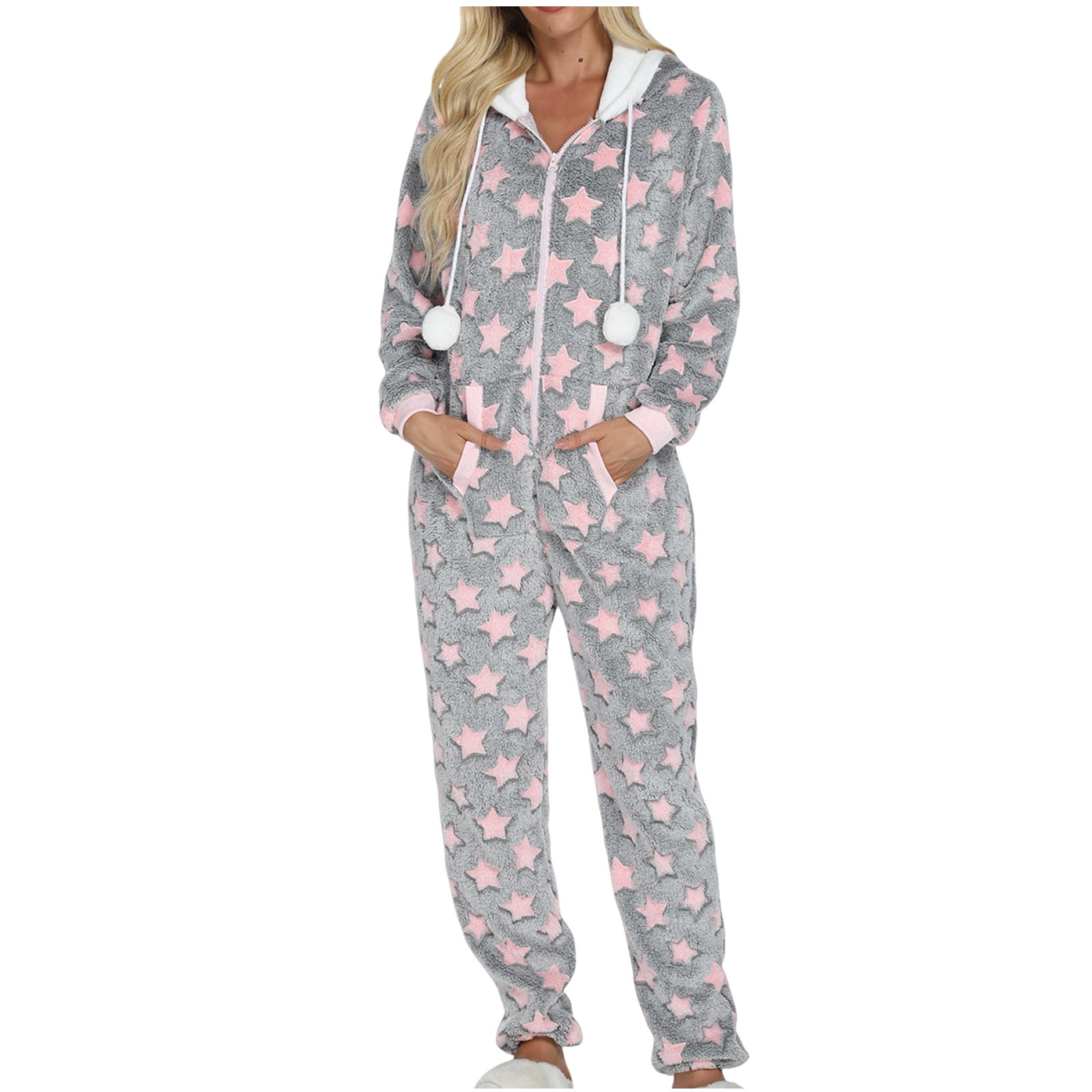 Womens Fleece Onesies Pajamas Jumpsuit Warm Sherpa Romper Sleepwear One Piece Zipper Hooded Star Graphic Loungewear (XL, Gray)