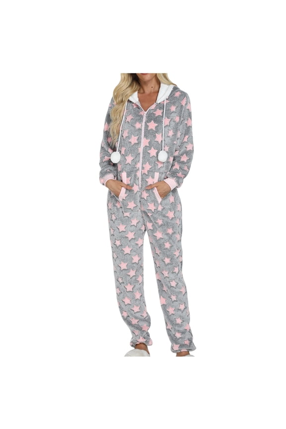 Womens Fleece Onesies Pajamas Jumpsuit Warm Sherpa Romper Sleepwear One Piece Zipper Hooded Star Graphic Loungewear (XL, Gray)