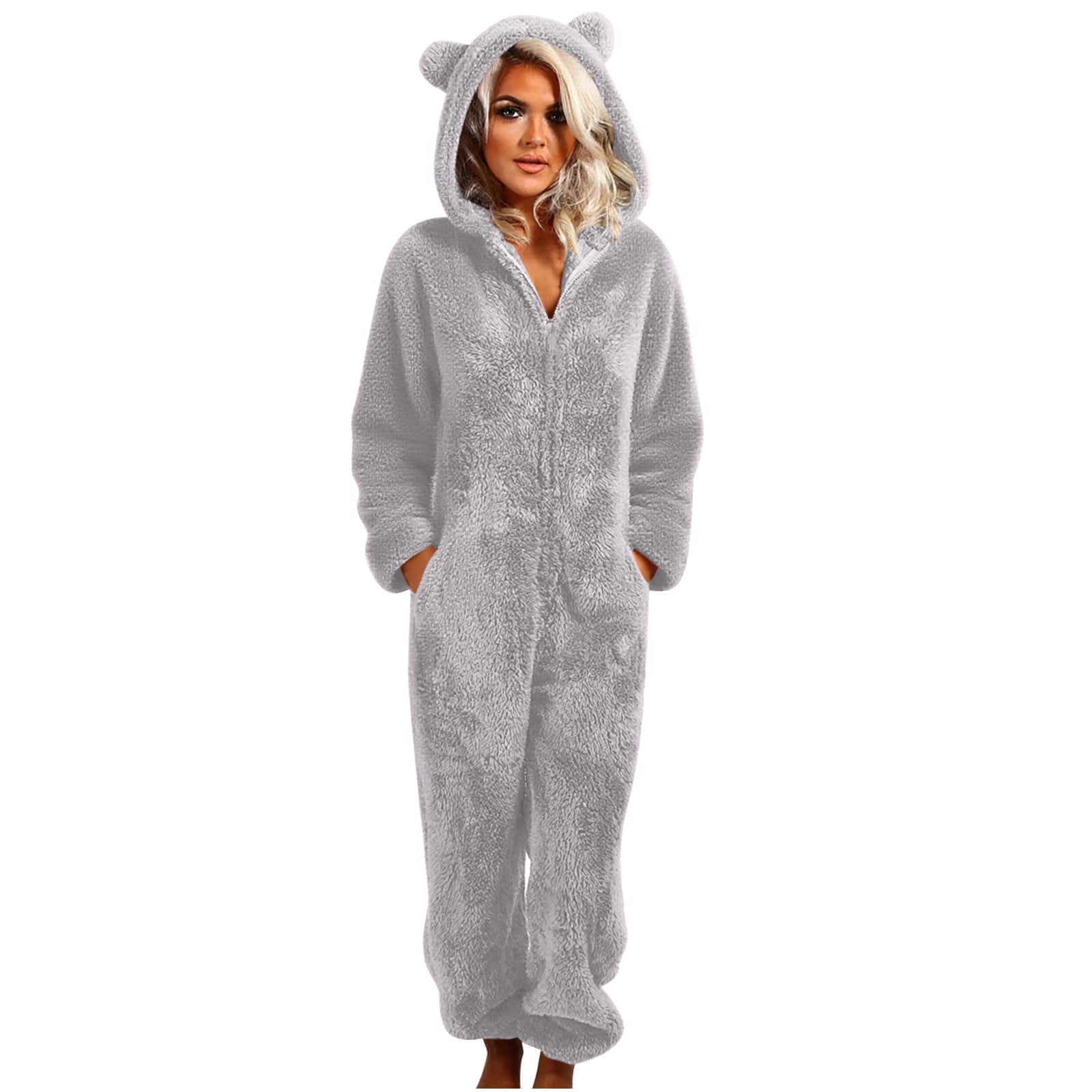 Womens Fleece Onesies Pajamas Jumpsuit Warm Sherpa Zip Romper Sleepwear One Piece Cute Bear Ear Hooded Playsuit Loungewear