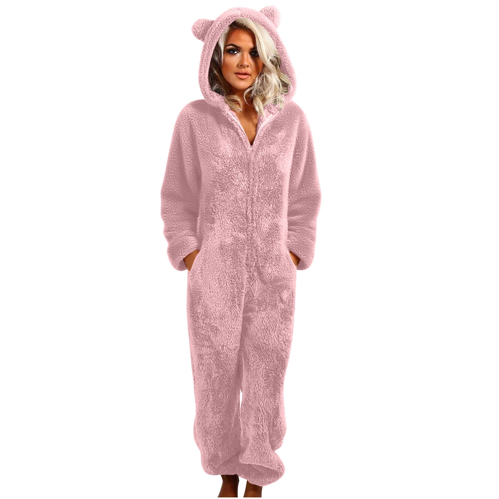 Womens Fleece Onesies Pajamas Jumpsuit Warm Sherpa Zip Romper Sleepwear One Piece Cute Bear Ear Hooded Playsuit Loungewear