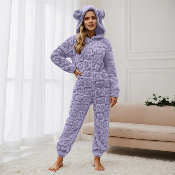 Womens Fleece Onesies Pajamas Warm Sherpa Romper Sleepwear One Piece Loungewear with Bear Ear (Purple M)