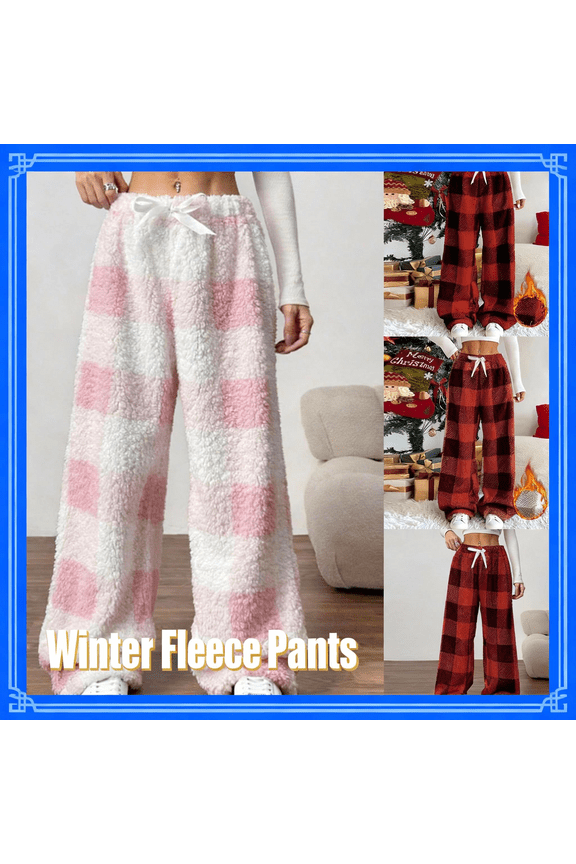 Womens Fleece Pajama Pants Fuzzy Thick Warm Plaid Sleepwear Pant Elastic Waist Loose Casaul Thermal Long Trousers Winter Cold Weather Clothing