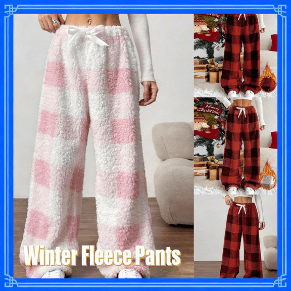 Womens Fleece Pajama Pants Fuzzy Thick Warm Plaid Sleepwear Pant Elastic Waist Loose Casaul Thermal Long Trousers Winter Cold Weather Clothing