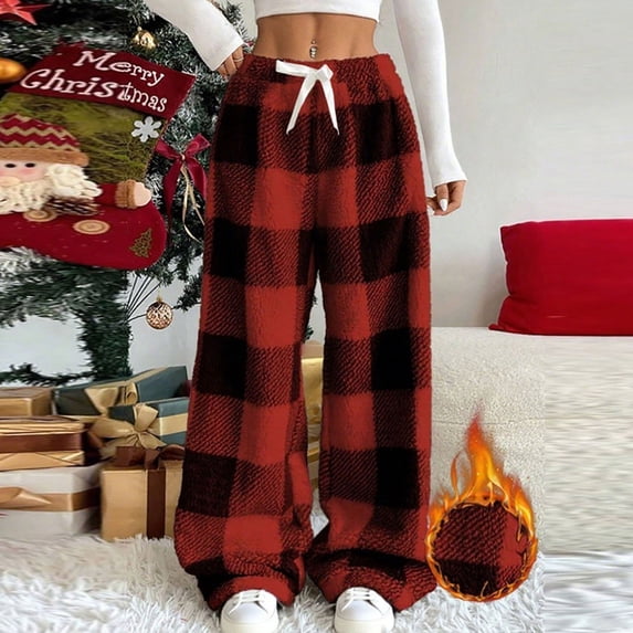 Womens Fleece Pajama Pants Fuzzy Thick Warm Plaid Sleepwear Pant Elastic Waist Loose Casaul Thermal Long Trousers Winter Cold Weather Clothing