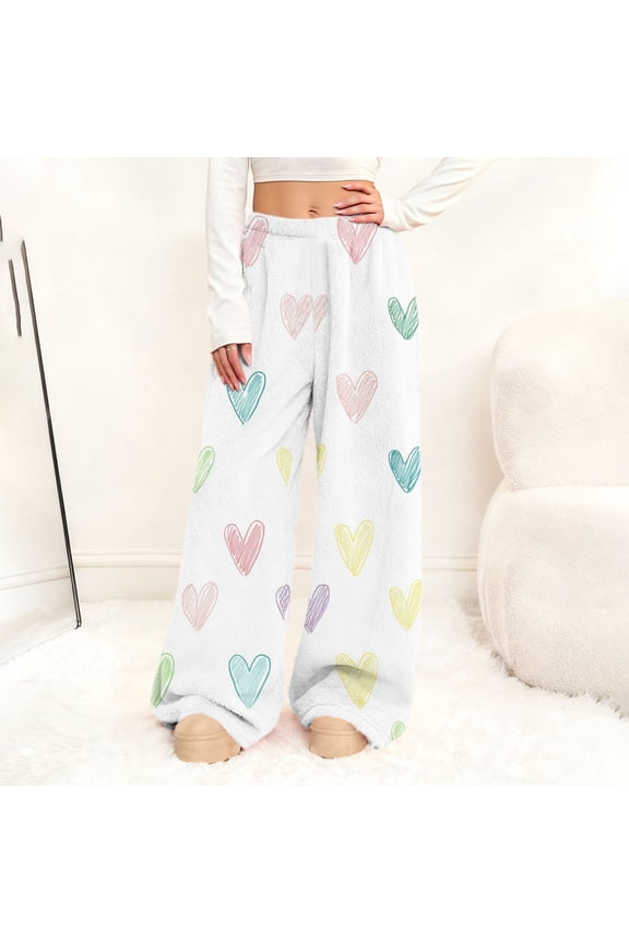 Womens Fleece Pajama Pants, Winter Warm Fuzzy Bottoms Long Soft Pjs Trousers with Pockets New Womens Flowy Pants White XXL