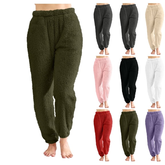 Womens Fleece Pajama Pants, Winter Warm Fuzzy Lounge Bottoms Long Soft Plush Fluffy Pj Pants with Pockets,Army Green L