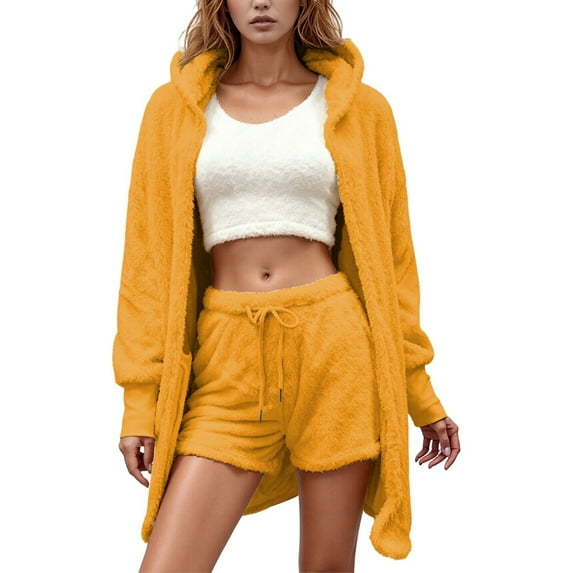 Womens Pajama Sets Long Sleeve Cardigan Crop Top and Shorts Set Womens Lounge Sets Winter Cozy Pajamas for Women Soft