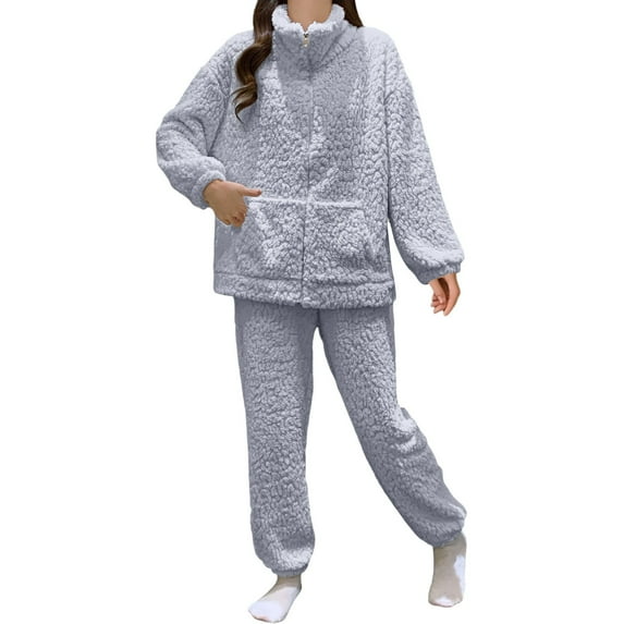 Womens Fleece Pajama Sets Long Sleeve Zip Up Jackets Pants Set Women'S Loungewear Sets Winter Womens Pajama Sets