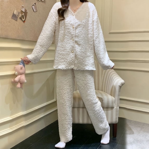 Womens Fleece Pajama Sets Long Sleeve Zip Up Jackets Pants Set Women'S Loungewear Sets Winter Womens Warm Pajama Sets