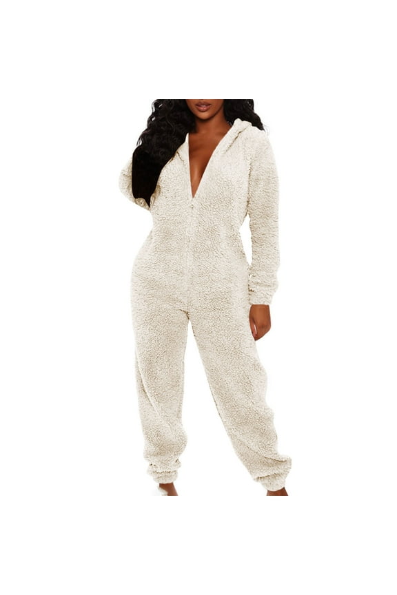 Womens Fleece Pajamas Jumpsuit Fuzzy Sherpa Hooded One Piece Onesie Winter Warm Romper Zipper Up Casual Loungewear Sleepwear