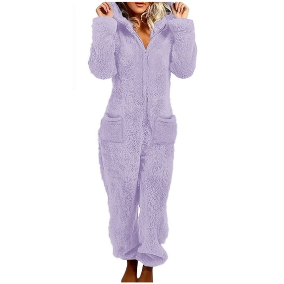 Womens Fleece Pajamas Jumpsuit - Winter Warm Fuzzy Cute Half Zip Hooded Romper Jogger Leg One Piece Jumpsuits Sleepwear