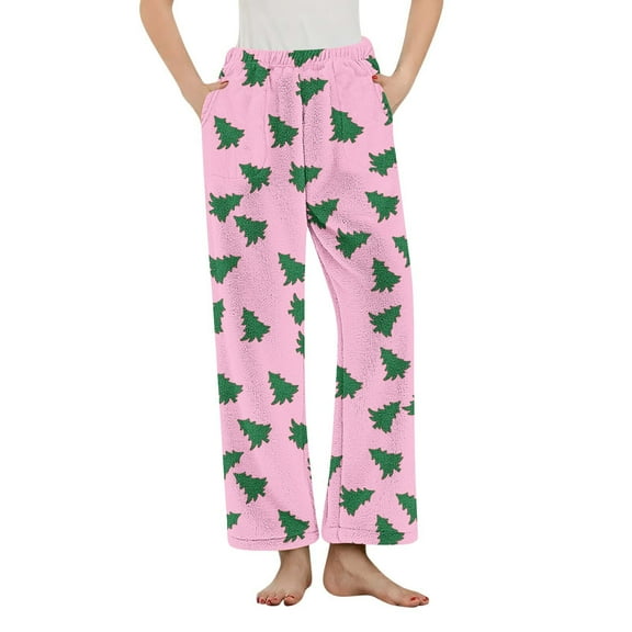 Womens Fleece Pajamas Pants Christmas Wide Leg Lounge Pants with Pockets Fuzzy Flannel Trousers Holiday Xmas Sleepwear Pink, M