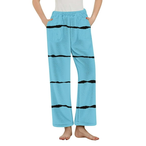 Womens Fleece Pajamas Pants Wide Leg Striped Lounge Pants with Pockets Fuzzy Flannel Sleepwear Trousers Light Blue, M