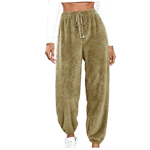 Womens Fleece Pants Casual Sherpa Thermal Fuzzy Trouser Teddy Trendy Soft Drawstring Elastic Waist Furry Lounge Pants (Army Green,S)