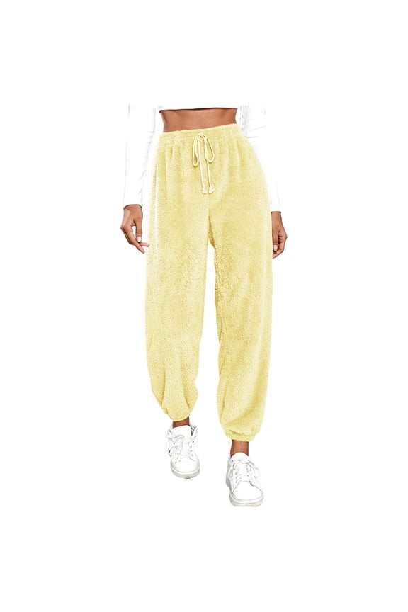 Womens Fleece Pants Casual Sherpa Thermal Fuzzy Trouser Teddy Trendy Soft Drawstring Elastic Waist Furry Lounge Pants (Yellow,2XL)