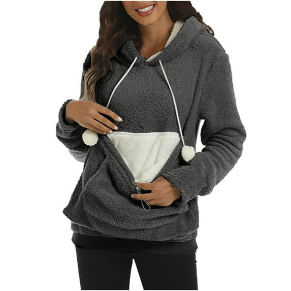 Womens Fleece Pet Cat Pouch Hoodies Carrier Holder Hooded Sweatshirt Warm Fuzzy Sherpa Pullover Comfy Long Sleeve Hoodie Tops with Big Pockets